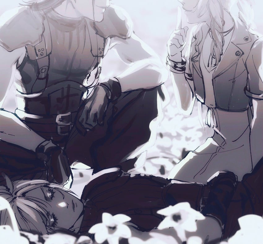 cloud strife, aerith gainsborough, and zack fair (final fantasy and 2 more) drawn by sageo_yn