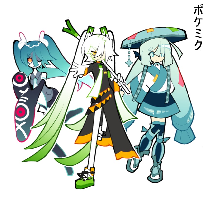 hatsune miku, ghost miku, fighting miku, and steel miku (pokemon and 2 more) drawn by scratchitone
