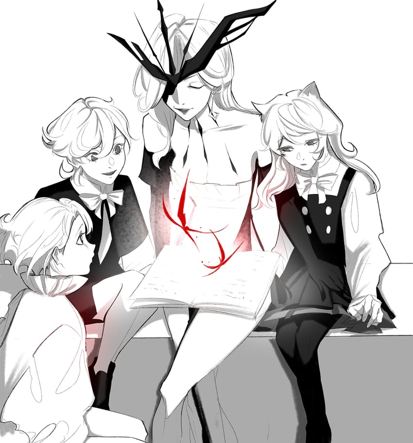 lynette, lyney, freminet, signora, and crimson lotus moth (genshin impact) drawn by leaenil