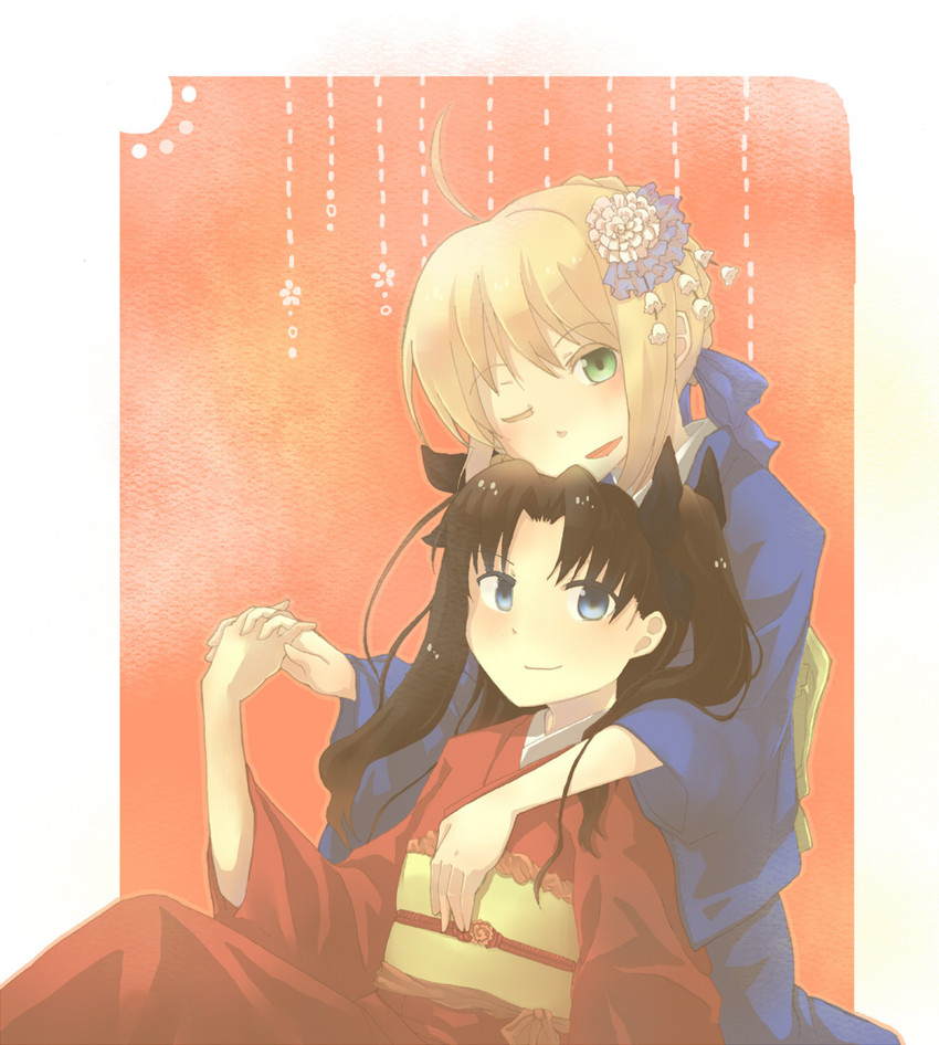 artoria pendragon, saber, and tohsaka rin (fate and 1 more) drawn by mochityoko