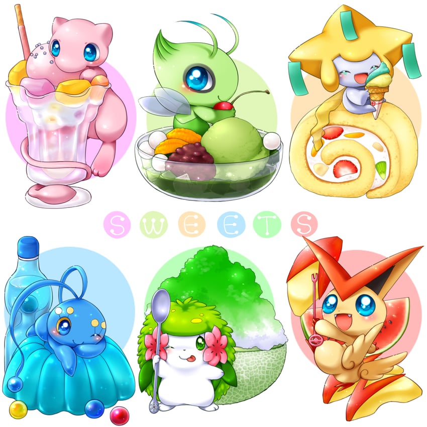 jirachi, mew, celebi, shaymin, victini, and 1 more (pokemon) drawn by aimi_(aimia492)