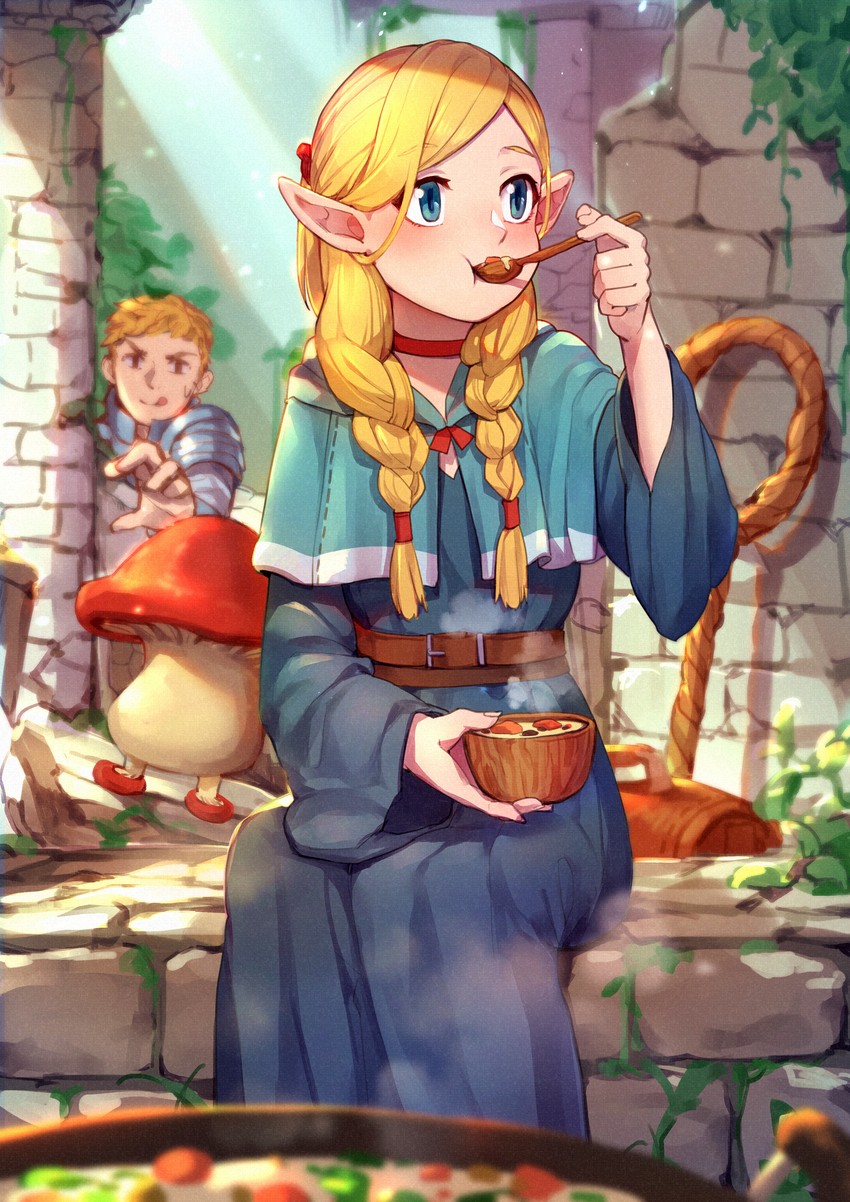 marcille donato, laios touden, and walking mushroom (dungeon meshi) drawn by mr.lime