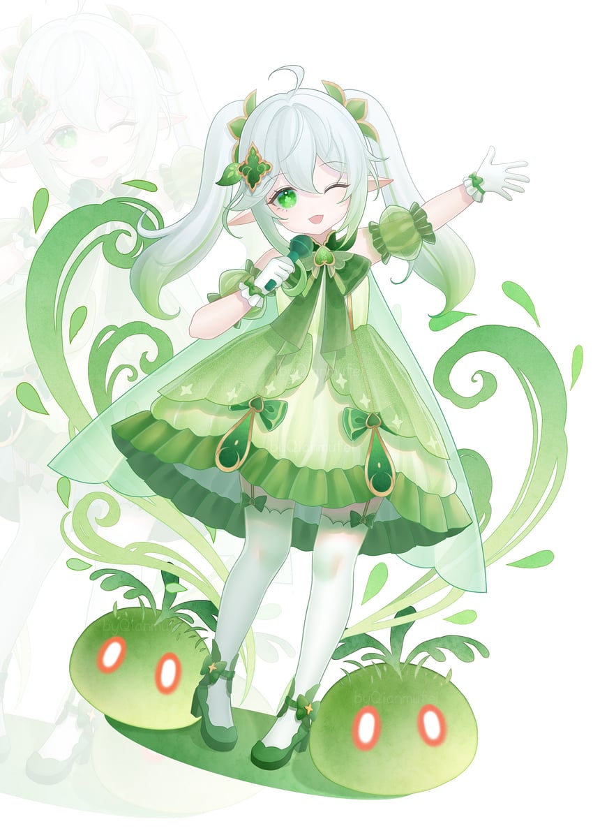 nahida, slime, and dendro slime (genshin impact) drawn by qian_mu_fei_fire