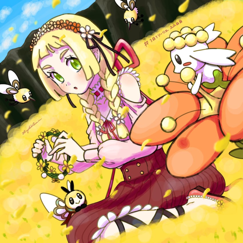 lillie, cutiefly, ribombee, and flabebe (pokemon and 1 more) drawn by hiyokko2min