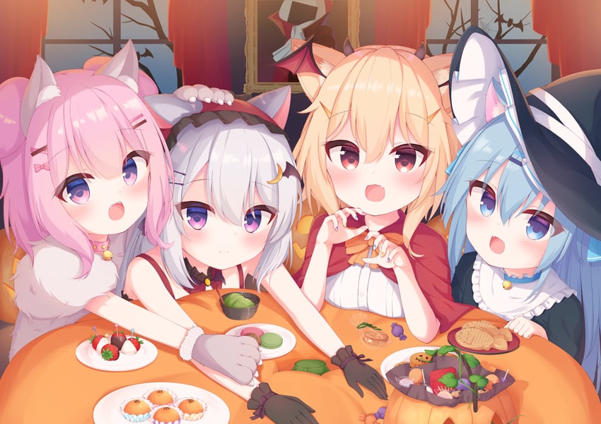tukimiya ran, yukino koromo, asahi nano, and hanaga saku (cafe omusubiya) drawn by isoroku_(isrk)