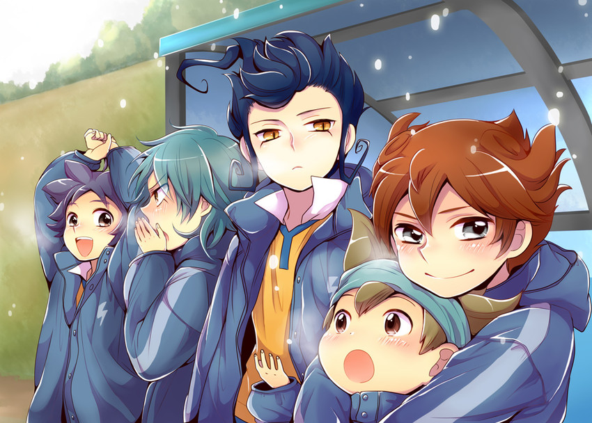 kariya masaki, matsukaze tenma, tsurugi kyousuke, nishizono shinsuke, and kageyama hikaru (inazuma eleven and 1 more) drawn by racotta