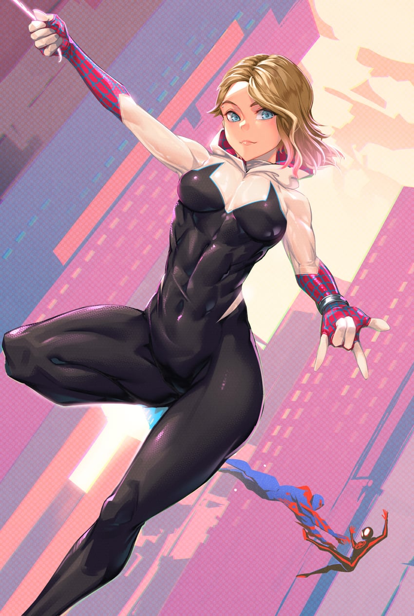 spider-gwen, gwen stacy, and spider-man (marvel and 3 more) drawn by mikel_(4hands)