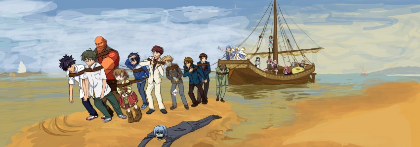 suzumiya haruhi, kyon, beatrice, kamijou touma, louise francoise le blanc de la valliere, and 18 more (toaru majutsu no index and 10 more) drawn by drawfag