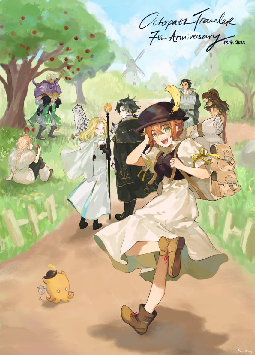 therion, tressa colzione, ophilia clement, primrose azelhart, cyrus albright, and 4 more (octopath traveler and 1 more) drawn by aubz