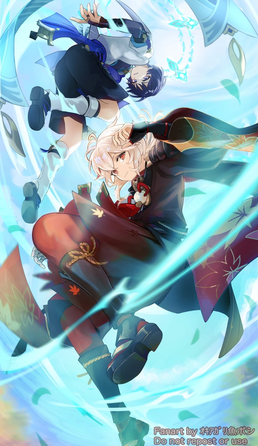 scaramouche, wanderer, and kaedehara kazuha (genshin impact) drawn by okkobc