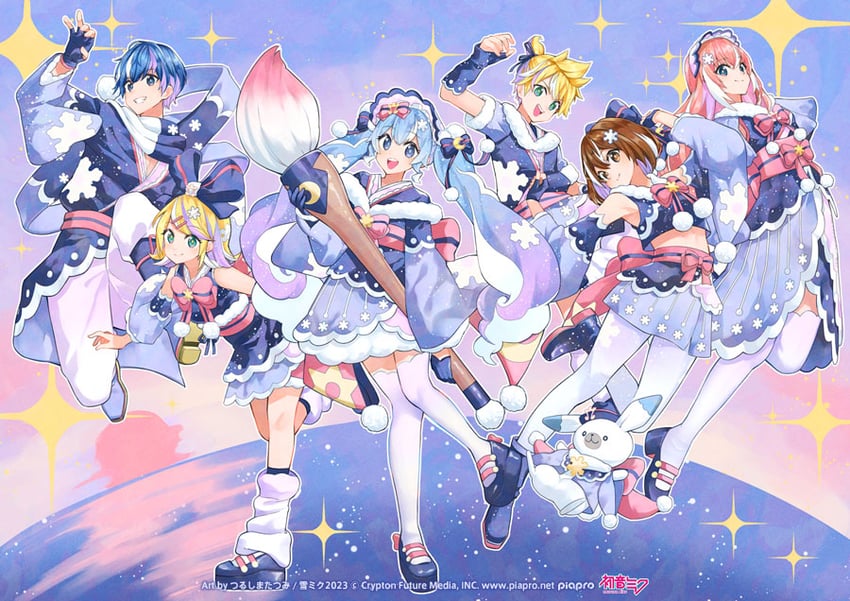 hatsune miku, kagamine rin, kagamine len, megurine luka, kaito, and 8 more (vocaloid) drawn by rainys_bill