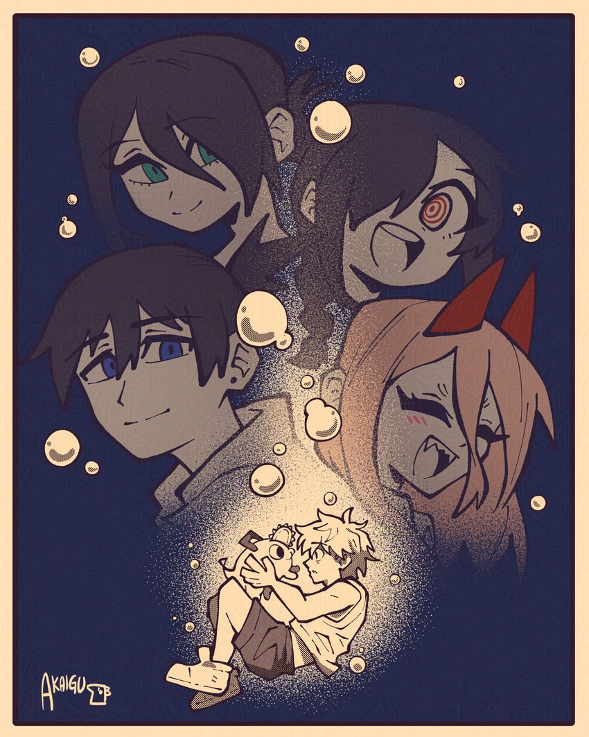 power, denji, reze, hayakawa aki, pochita, and 1 more (chainsaw man) drawn by akaiguarts