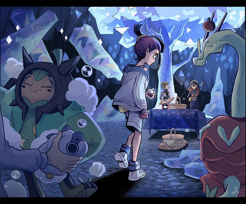 kieran, carmine, ogerpon, hydrapple, and briar (pokemon and 1 more) drawn by hackto