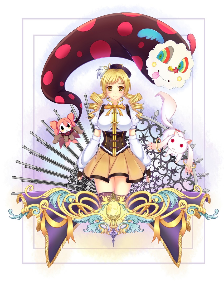 tomoe mami, kyubey, and charlotte (mahou shoujo madoka magica) drawn by tomoekou