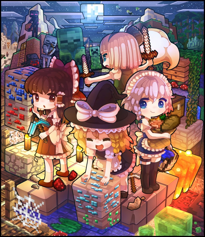 hakurei reimu, kirisame marisa, izayoi sakuya, konpaku youmu, cirno, and 6 more (touhou and 1 more) drawn by setomu