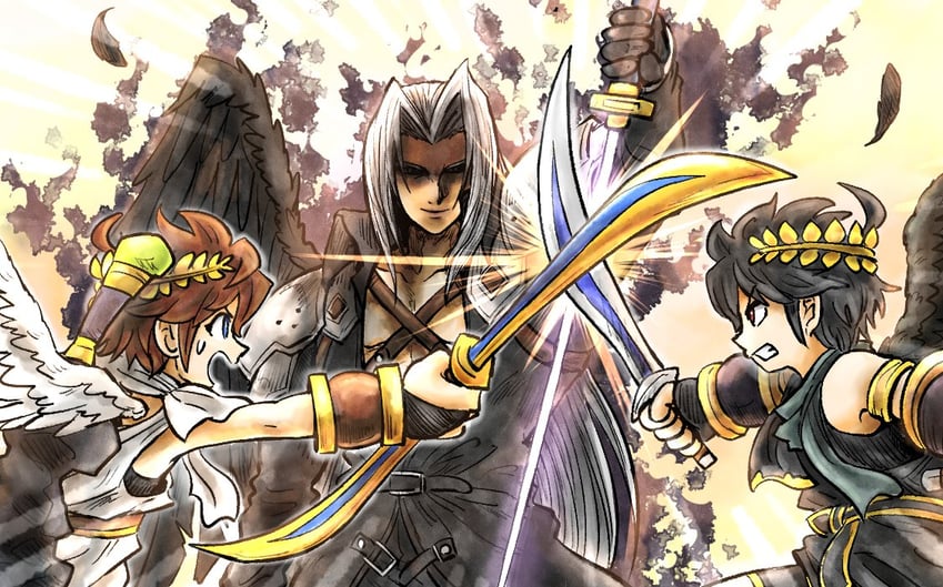 sephiroth, pit, and dark pit (final fantasy and 5 more) drawn by kicdon