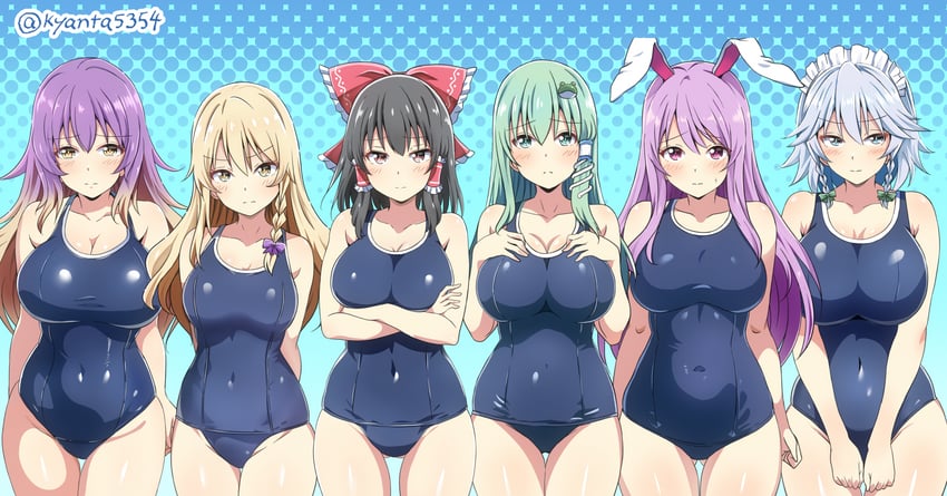 hakurei reimu, kirisame marisa, izayoi sakuya, kochiya sanae, reisen udongein inaba, and 1 more (touhou) drawn by kyanta5354