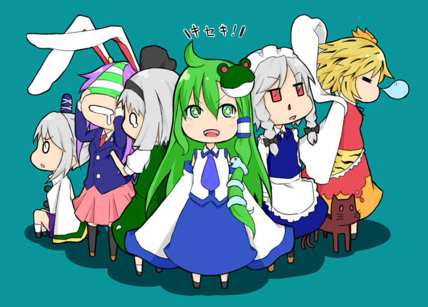 izayoi sakuya, kochiya sanae, konpaku youmu, reisen udongein inaba, kaenbyou rin, and 2 more (touhou) drawn by ishimu