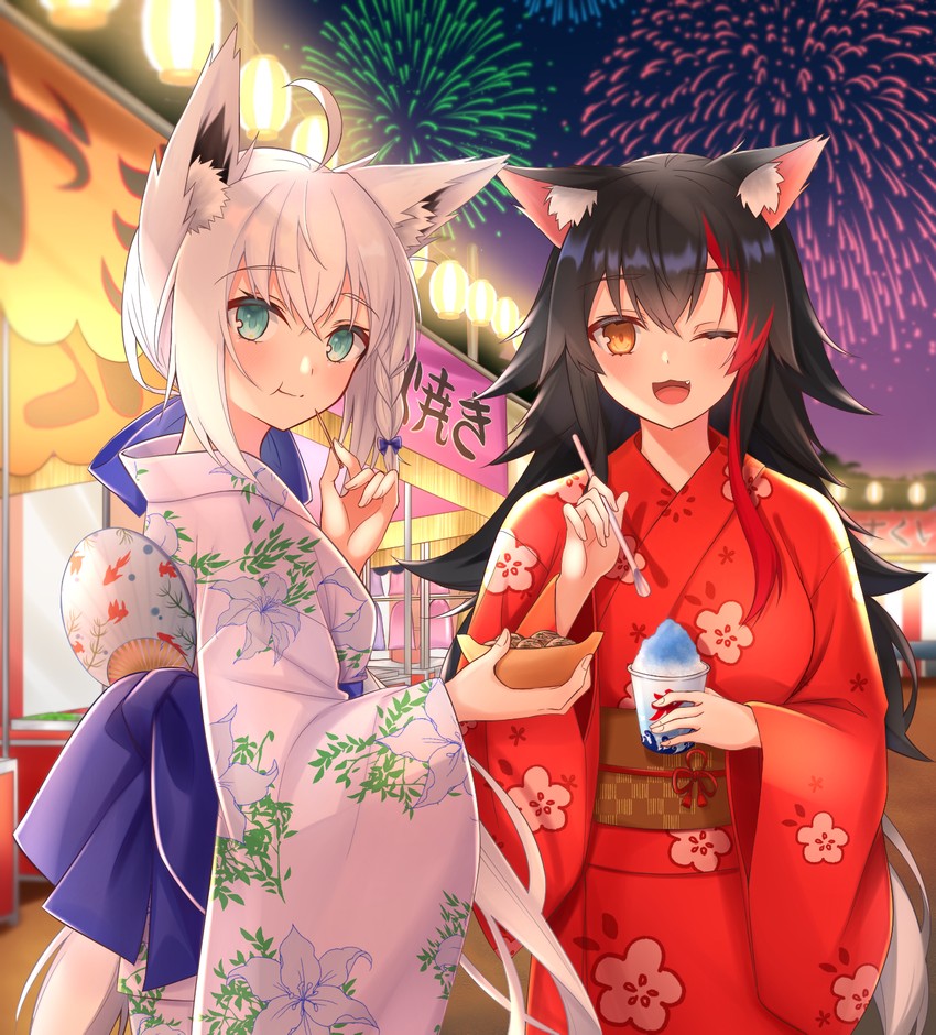 shirakami fubuki and ookami mio (hololive) drawn by hoshino_reiji
