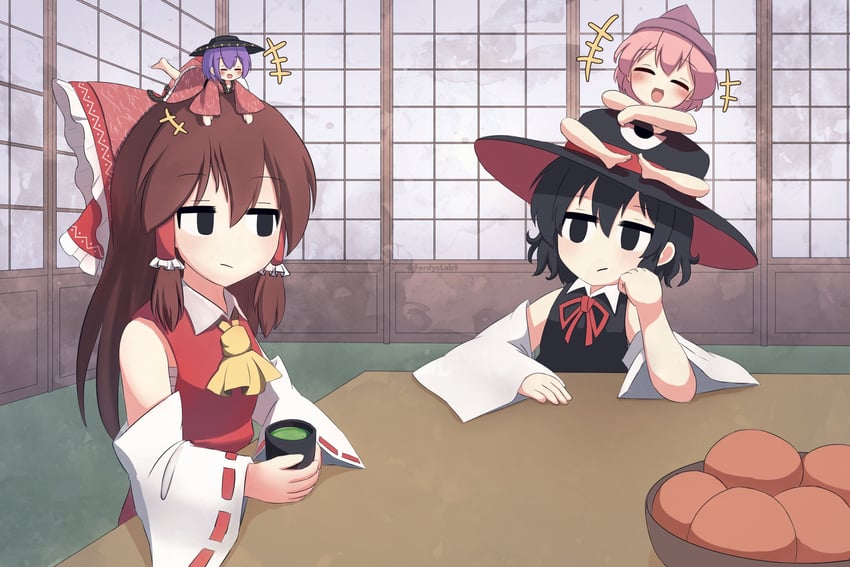 hakurei reimu, sukuna shinmyoumaru, enraku tsubakura, and shion (touhou and 1 more) drawn by ferdy's_lab