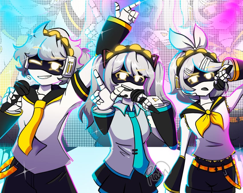 hatsune miku, kagamine rin, kagamine len, n, v, and 1 more (vocaloid and 1 more) drawn by rain_(rainbow_cream7)