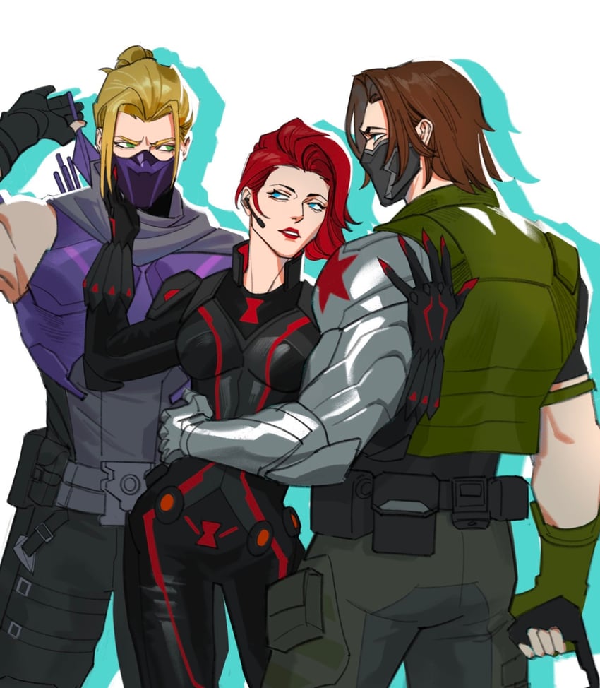 bucky barnes, winter soldier, black widow, natasha romanoff, hawkeye, and 1 more (marvel and 2 more) drawn by allie_lynee