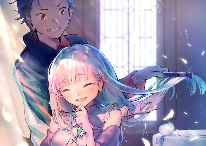 emilia and natsuki subaru (re:zero kara hajimeru isekai seikatsu) drawn by mebaru