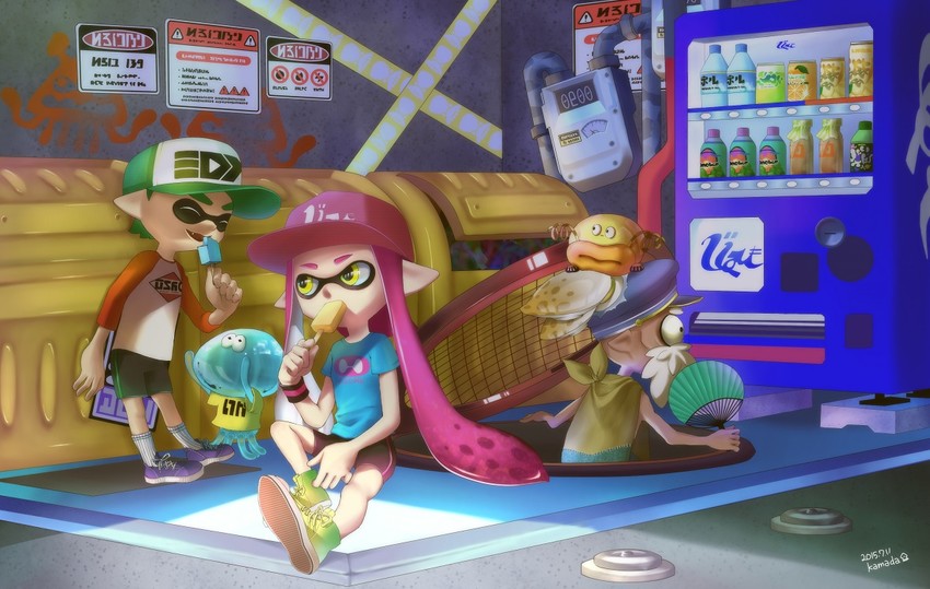 inkling player character, inkling girl, inkling boy, jellyfish, cap'n cuttlefish, and 1 more (splatoon and 1 more) drawn by byoko_(byokoramen)