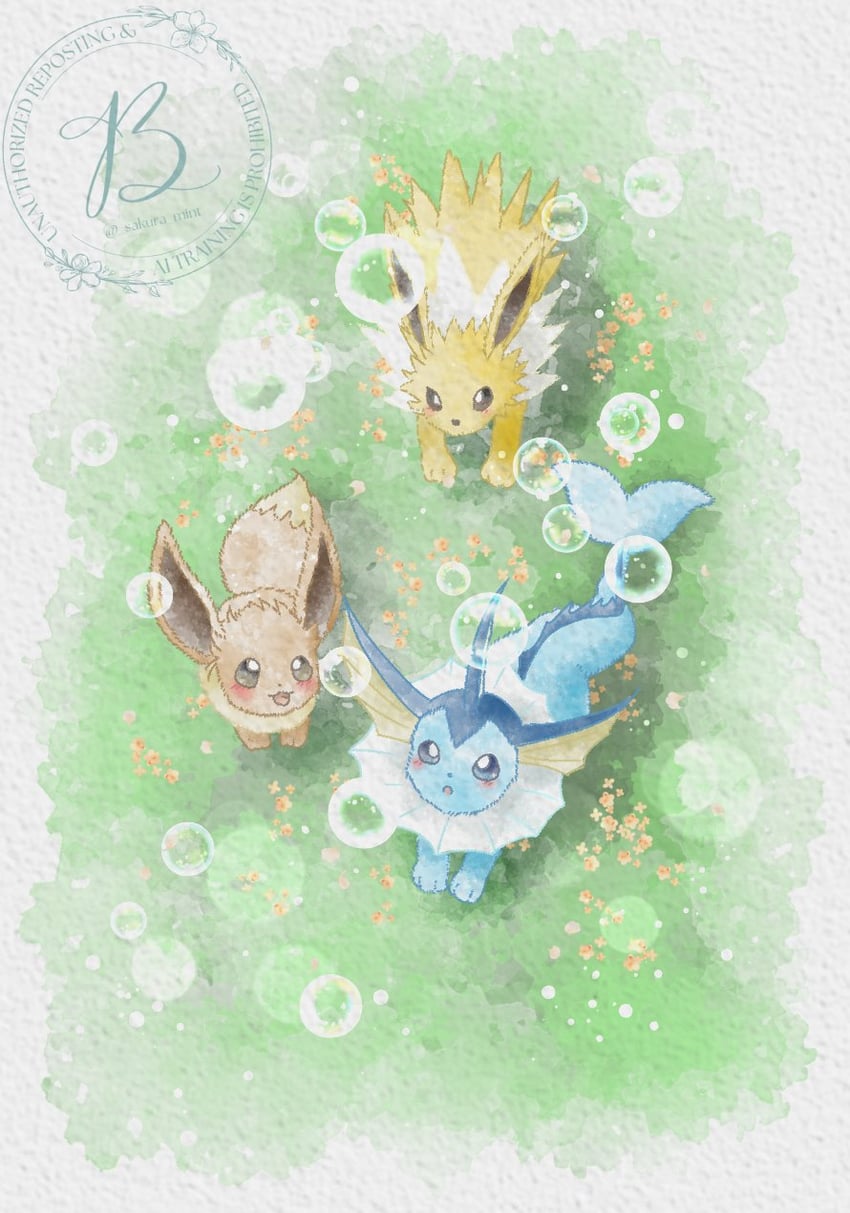 eevee, vaporeon, and jolteon (pokemon) drawn by baya_(sakura_mint)