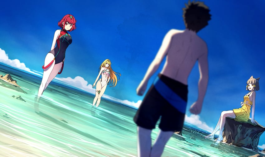 pyra, mythra, nia, and rex (xenoblade chronicles and 1 more) drawn by poteto_(potetosarada123)