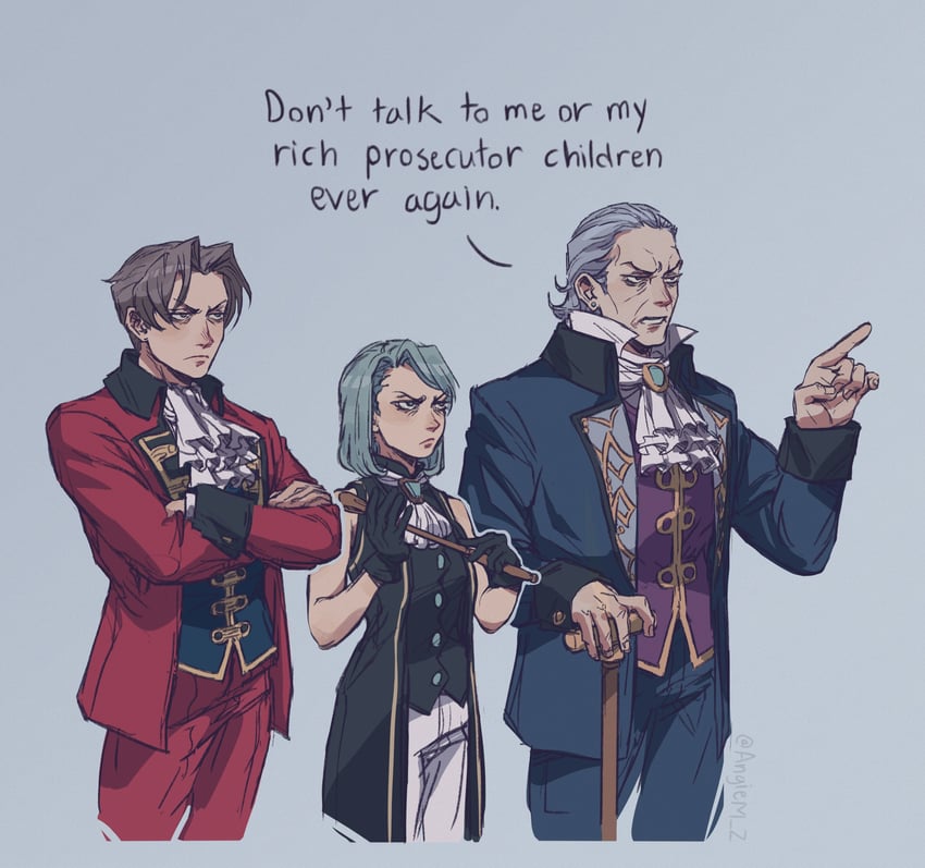 miles edgeworth, franziska von karma, and manfred von karma (ace attorney) drawn by angie_m