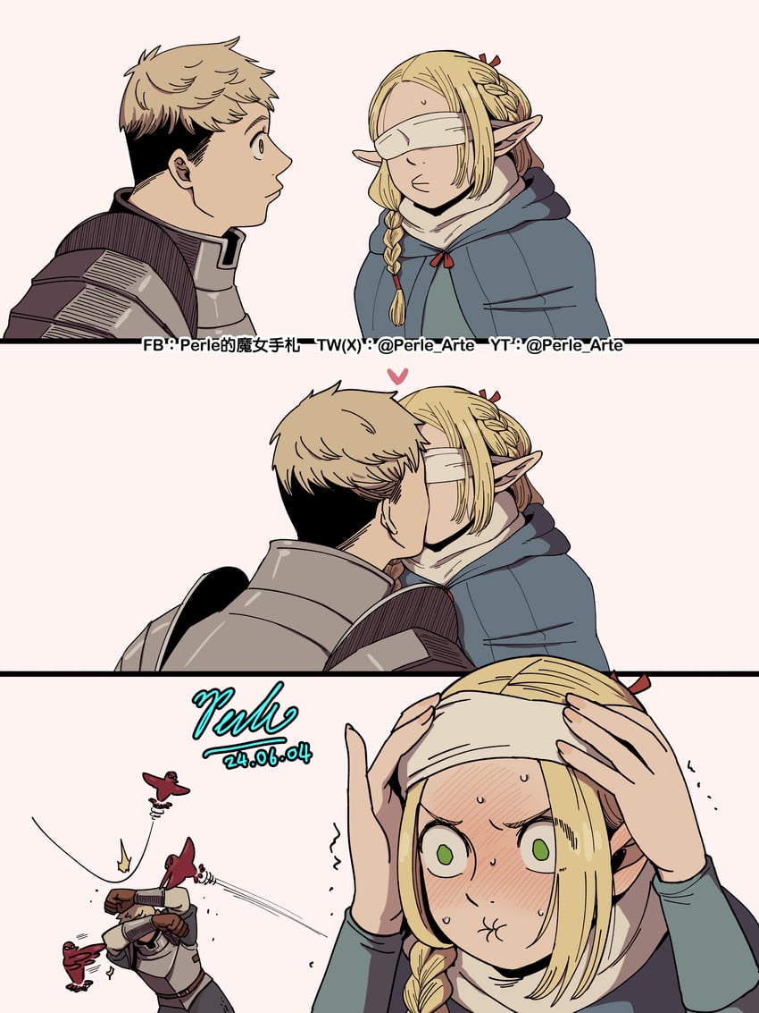 marcille donato, laios touden, and marcille's familiar (dungeon meshi) drawn by perle_arte