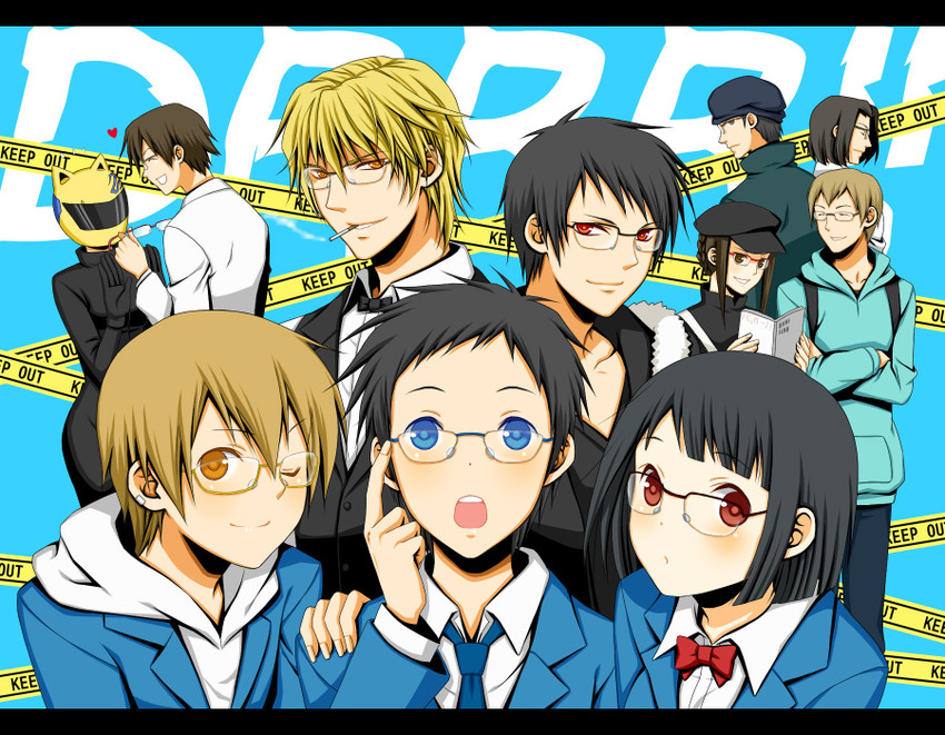 orihara izaya, sonohara anri, heiwajima shizuo, celty sturluson, ryuugamine mikado, and 6 more (durarara!!) drawn by yuuno_(yukioka)