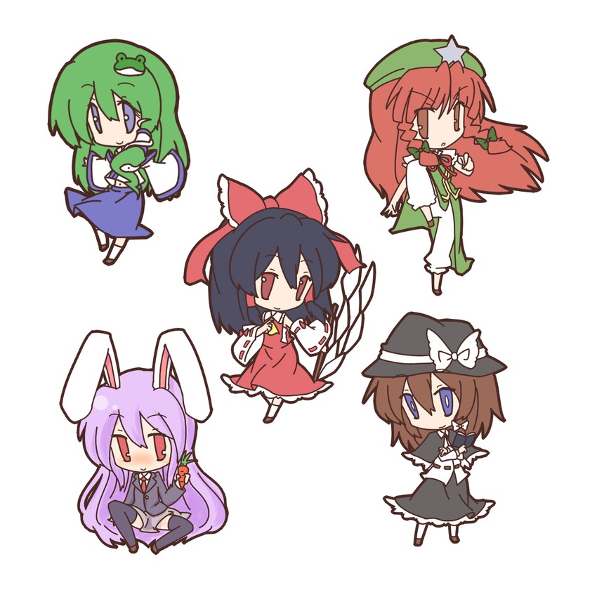 hakurei reimu, kochiya sanae, reisen udongein inaba, hong meiling, and usami renko (touhou) drawn by fushigi_ebi