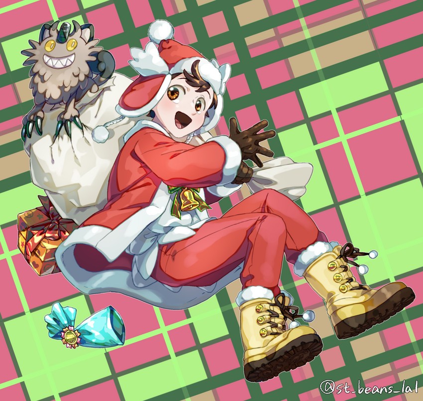 victor and galarian meowth (pokemon and 1 more) drawn by komame_(st_beans)