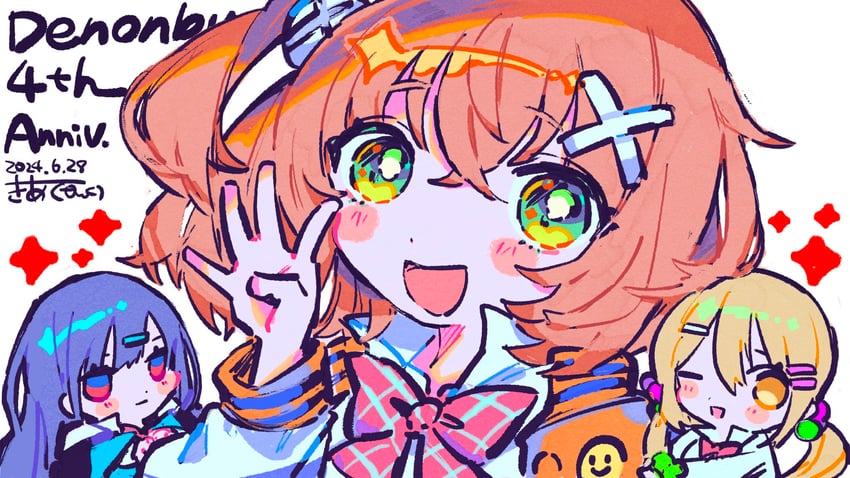 hidaka reina, shinonome kazune, and kayano futaba (denonbu) drawn by kiato