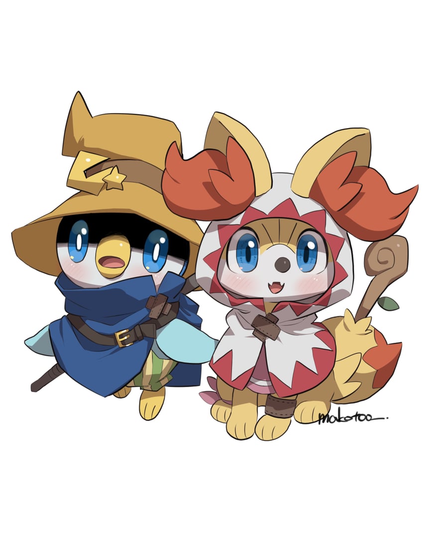piplup, white mage, fennekin, and black mage (pokemon and 1 more) drawn by makoto_ikemu