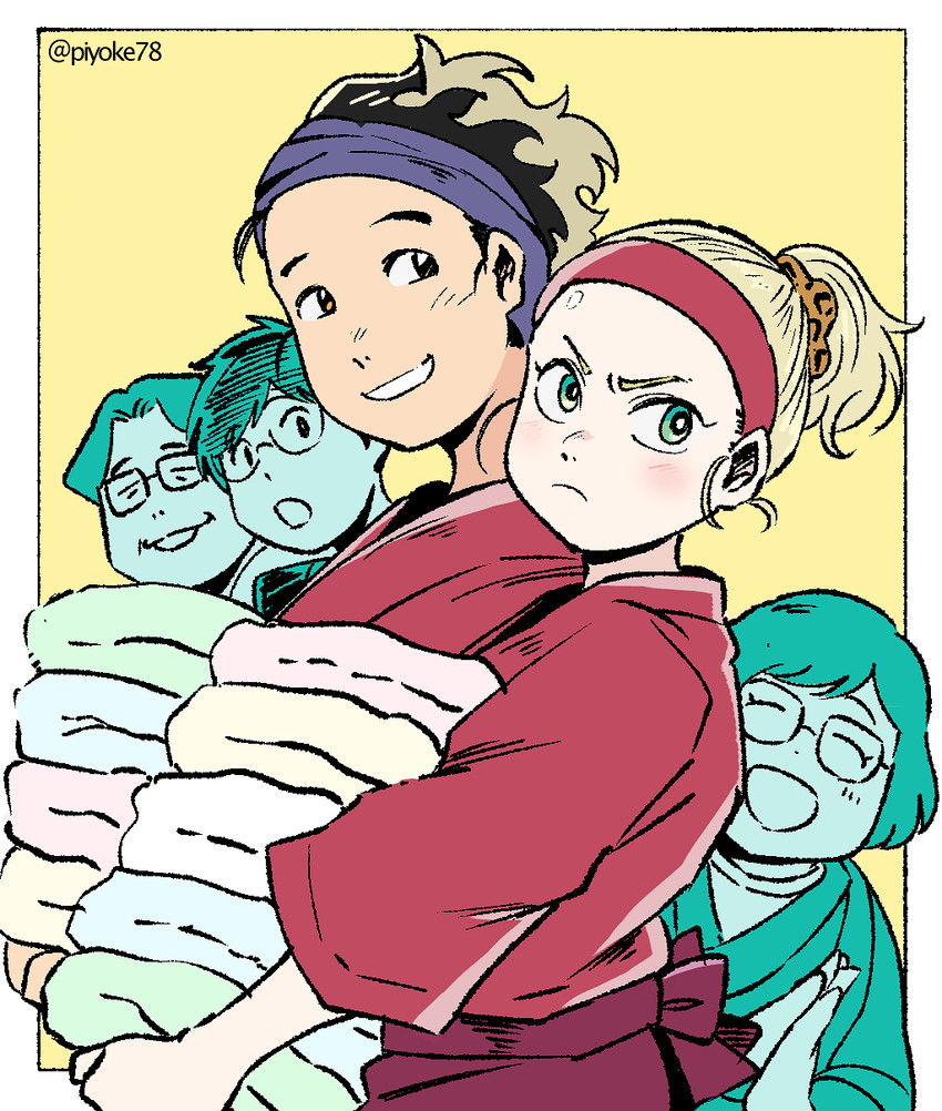 katsuki yuuri, yuri plisetsky, katsuki mari, katsuki hiroko, and katsuki toshiya (yuri!!! on ice) drawn by takoda_(piyoke78)
