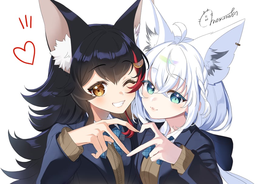 shirakami fubuki and ookami mio (hololive) drawn by momone_cco
