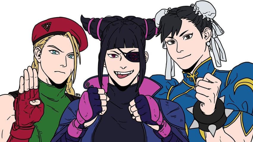 chun-li, cammy white, and han juri (street fighter and 1 more) drawn by efd