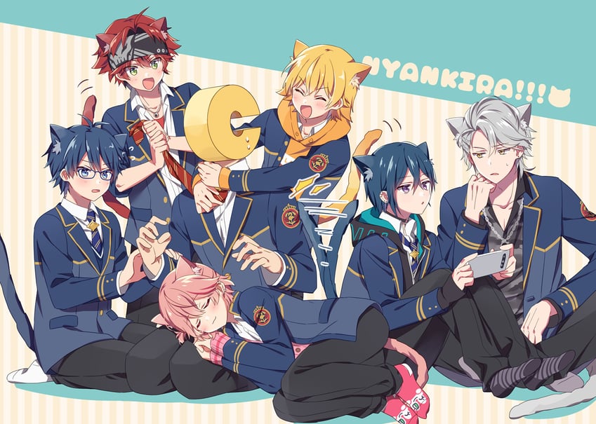 hinata mahiru, tsubaki kento, atago rentaro, asahi sora, yano reiji, and 1 more (dankira!!!) drawn by riku_(melty_drop)