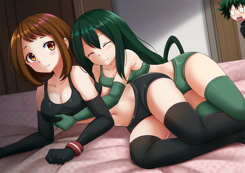 midoriya izuku, uraraka ochaco, and asui tsuyu (boku no hero academia) drawn by kazenokaze