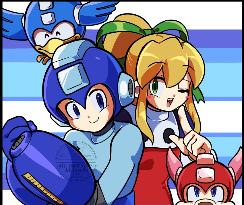 roll, mega man, rush, and beat (mega man) drawn by srnhuyuno