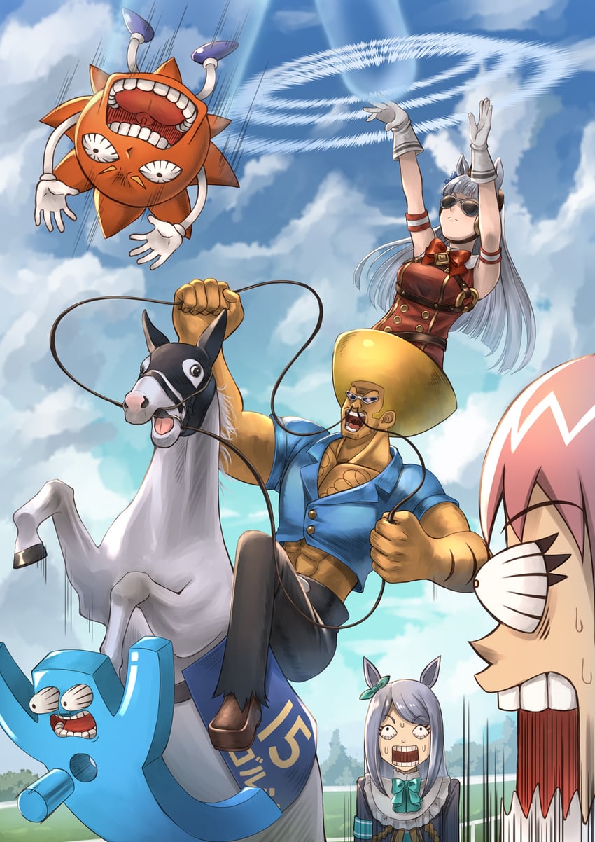 mejiro mcqueen, gold ship, beauty, bobobo-bo bo-bobo, don patch, and 1 more (umamusume and 2 more) drawn by yakkuro
