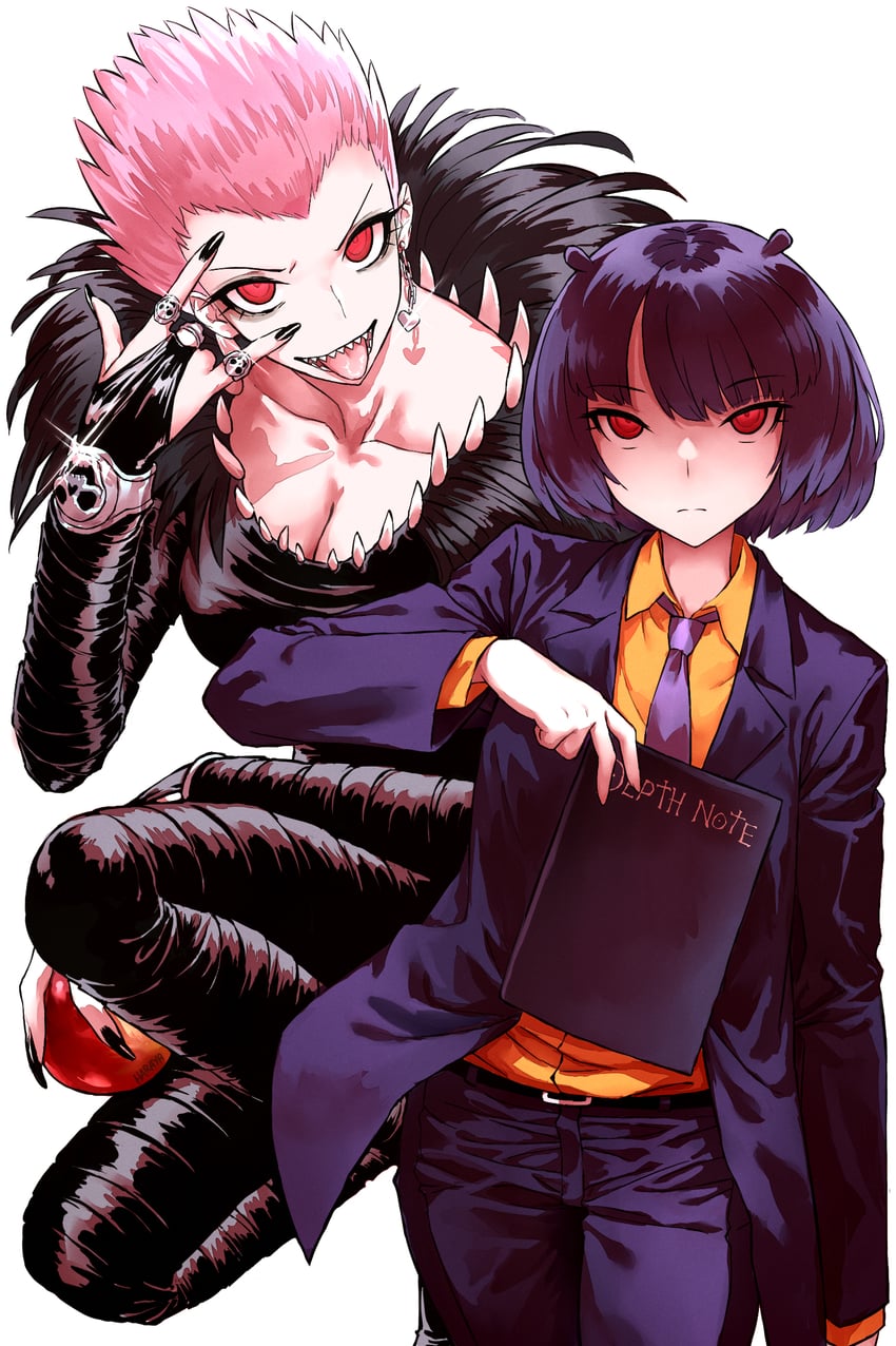 mori calliope, ninomae ina'nis, yagami light, and ryuk (hololive and 2 more) drawn by haraya_manawari