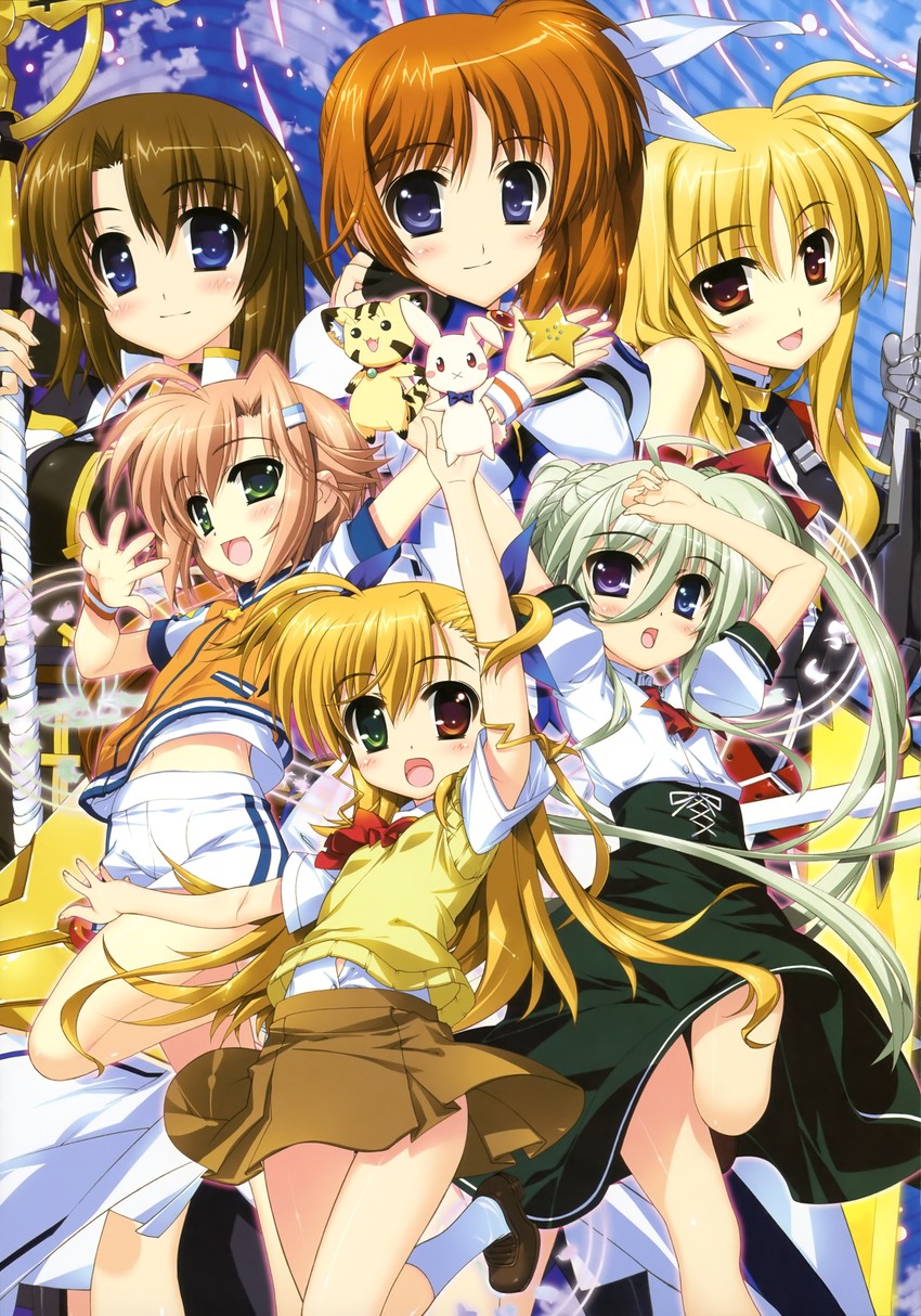 fate testarossa, takamachi nanoha, yagami hayate, raising heart, bardiche, and 7 more (lyrical nanoha and 1 more) drawn by fujima_takuya