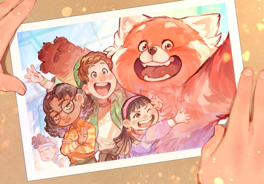 meilin lee, abby, priya, miriam, and tyler (turning red) drawn by tapioka_chaso