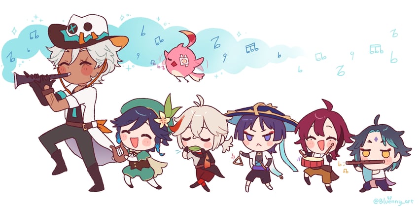 scaramouche, wanderer, venti, xiao, kaedehara kazuha, and 3 more (genshin impact) drawn by bluenny