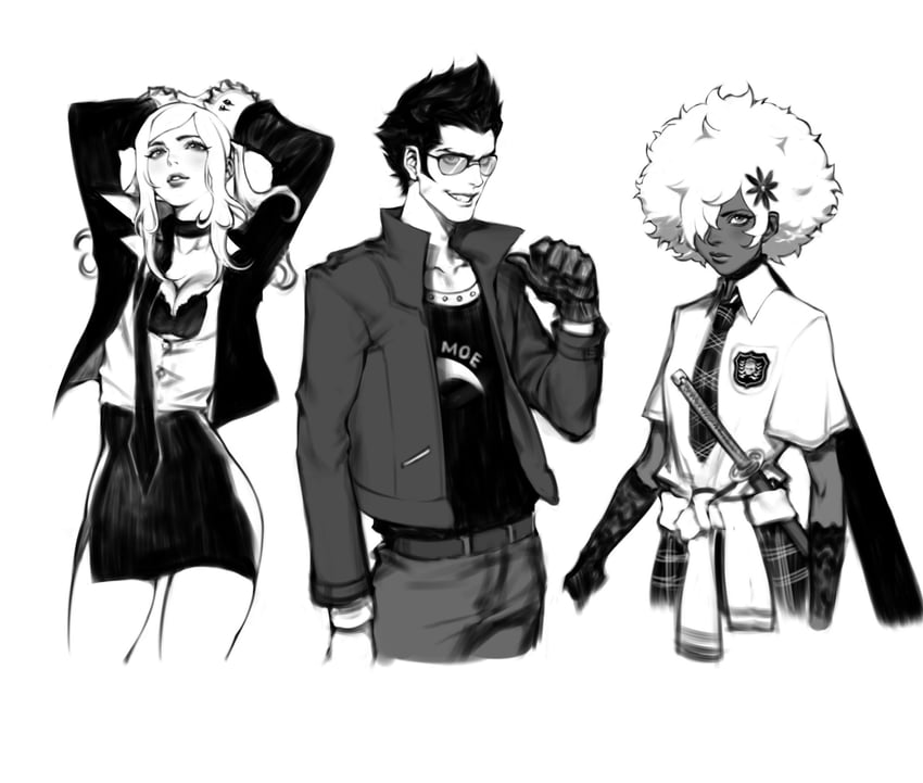 travis touchdown, shinobu jacobs, and sylvia christel (no more heroes) drawn by zelus