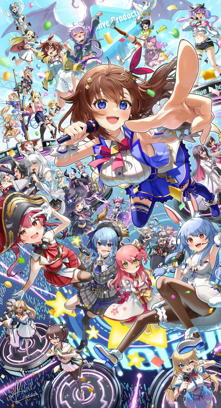 houshou marine, shirakami fubuki, hoshimachi suisei, usada pekora, nekomata okayu, and 34 more (hololive) drawn by kito_koruta
